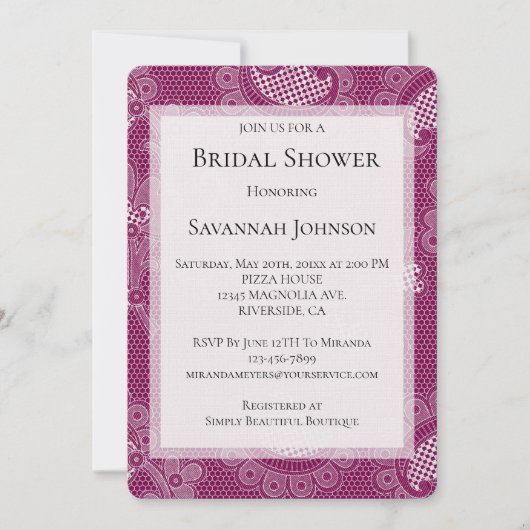 Burgund Wein Weißes Spitzen Brautparty Einladung (Vorderseite)