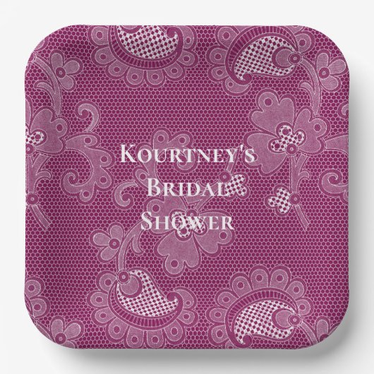 Burgund Wein Weißes Spitzen Brautparty Pappteller (Vorderseite)