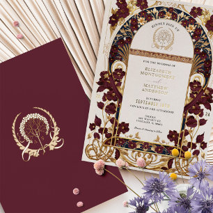 Burgund Weinblau & Antikes Gold Florales Hochzeits Folieneinladung