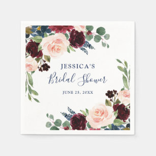 Burgund Weinblau Blush Floral Brautparty Serviette