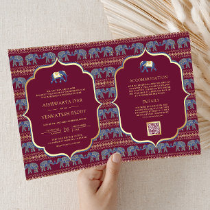 Burgund Weinblau Gold Elefant Indische Hochzeit Einladung