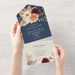 Burgund Weinrot Blaue Hochzeit All In One Einladung