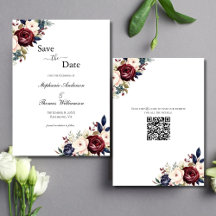 Burgund Weinrot Creme Blumen Elegant Modern QR Cod
