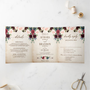 Burgund Weinrot Floral Rustikal Land Boho Hochzeit Dreifach Gefaltete Ankündigung