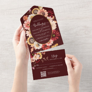 Burgund Weinrote Herbstblumen Gold QR RSVP Hochzei All In One Einladung