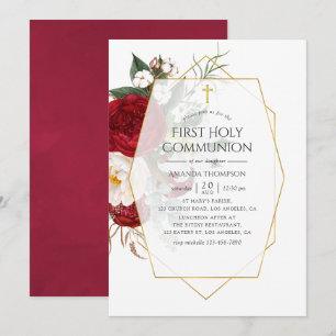 Burgund & Weiß Floral Geometrisch Erste Kommunion Einladung