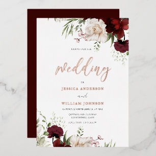 Burgund & Weiße Blumen Rose Goldfolie Hochzeit Folieneinladung