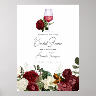 Burgund-weiße Floral-Weinverkostung-Brautabschieds Poster