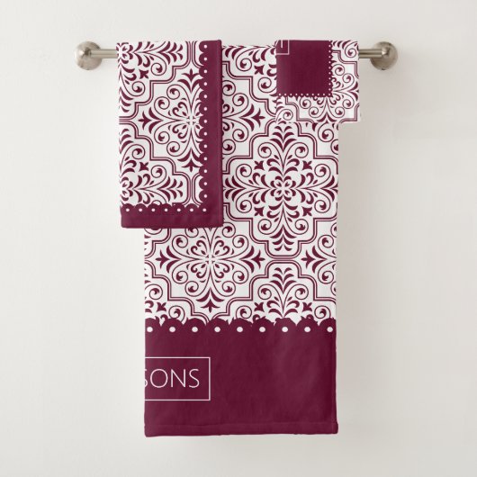 Burgund, weißes Damastmuster, geschmiedete Ränder Badhandtuch Set (Insitu)