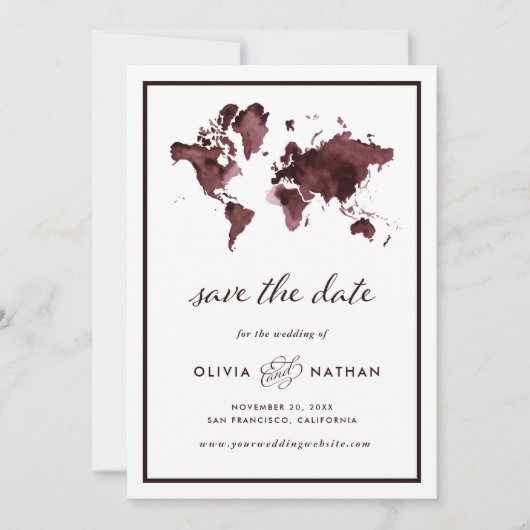 Burgund-Weltkarte | Elegante Hochzeit zum Thema Re Save The Date (Vorderseite)