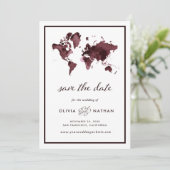 Burgund-Weltkarte | Elegante Hochzeit zum Thema Re Save The Date (Stehend Vorderseite)