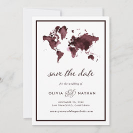 Burgund-Weltkarte | Elegante Hochzeit zum Thema Re Save The Date