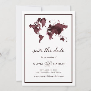 Burgund-Weltkarte   Elegante Hochzeit zum Thema Re Save The Date