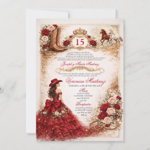 Burgund Western Quinceañera Rote Rose Cowgirl Einladung