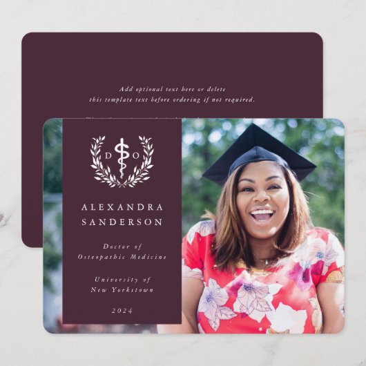 Burgund+White Doctor of Osteopathic Medicine Ankündigung (Vorne/Hinten)
