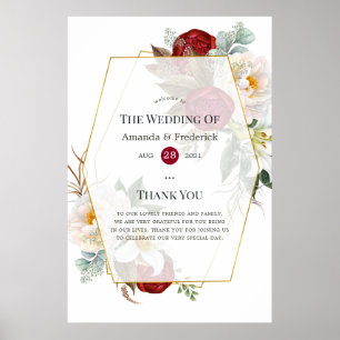 Burgund & White Floral Geometric Wedding Willkomme Poster