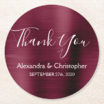 Burgund & White Modern Wedding Vielen Dank Runder Pappuntersetzer<br><div class="desc">Burgund und White Imitats Metallic Edelstahl Moderne und Elegante Hochzeit Vielen Dank an Ihre Untersetzer. Diese Cranberry Burgundy Drink Coasters können auf Ihren Namen und Ihr Hochzeitstag angepasst werden. Die Lila Marsala-Untersetzer sind Teil der Burgunder Hochzeitskollektion. Auf Wunsch können zusätzliche,  individuell gestaltete Elemente erstellt werden.</div>