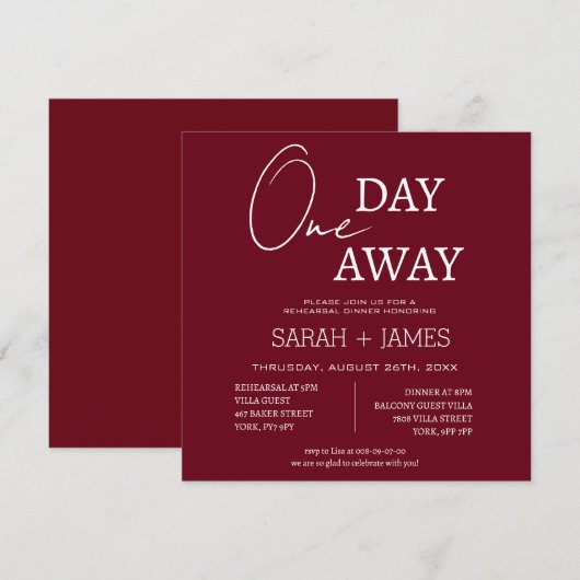 Burgund White One Day Away Probe Dinner Einladung (Vorne/Hinten)