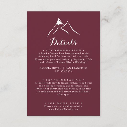 Burgund White Silhouette Mountain Hochzeitdetails Begleitkarte (Vorderseite)