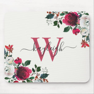 Burgund White Water Color Floral Name Mit Monogram Mousepad