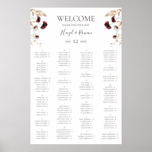 Burgund-Wildblume | Alphabetische Sitztabelle Poster (Vorne)
