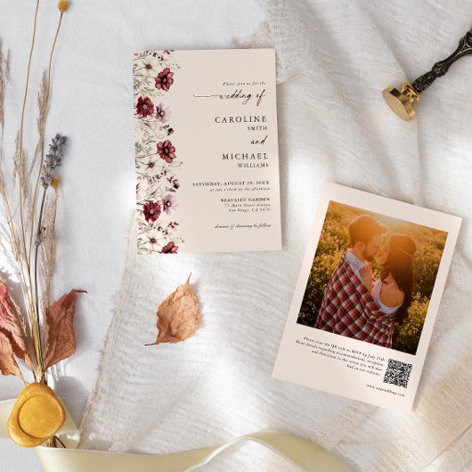 Burgund Wildblume Foto QR Code Hochzeit Einladung