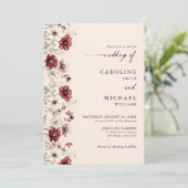 Burgund Wildblume Foto QR Code Hochzeit Einladung (Stehend Vorderseite)