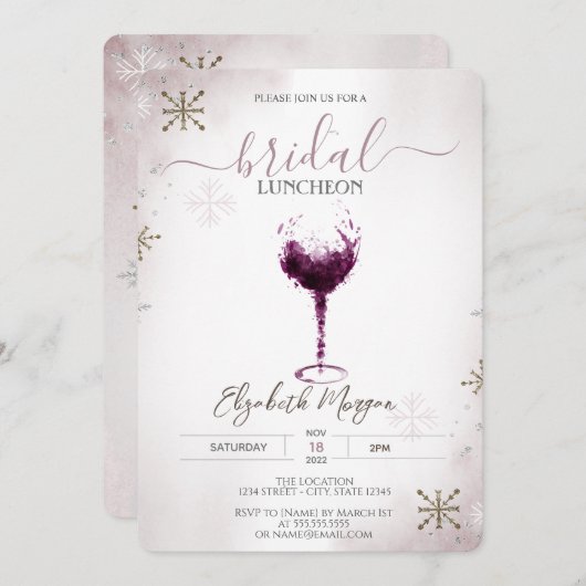 Burgund Wine Glass Snowflakes Einladung (Vorne/Hinten)