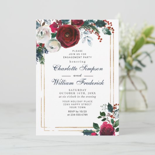 Burgund Winter Rose Foliage ENGAGEMENT PARTEI Einladung (Stehend Vorderseite)