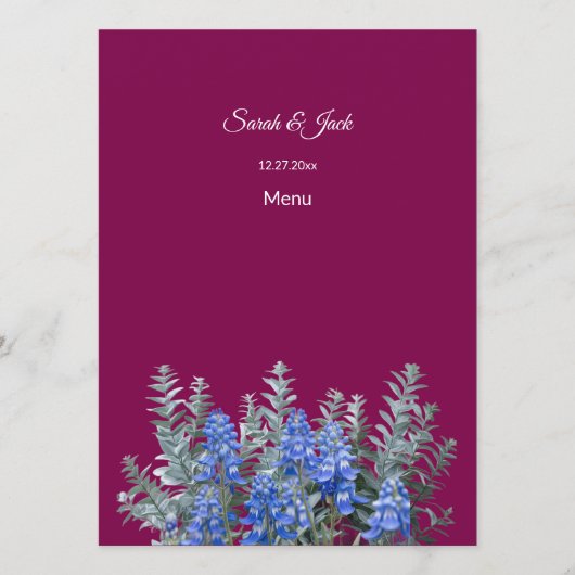 Burgund Winter Wedding mit Bluebonnet Menükarte (Vorderseite)