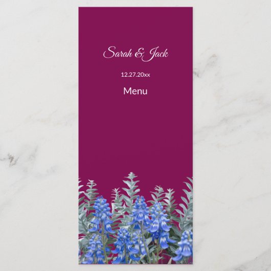 Burgund Winter Wedding mit Bluebonnet Menükarte (Vorderseite)