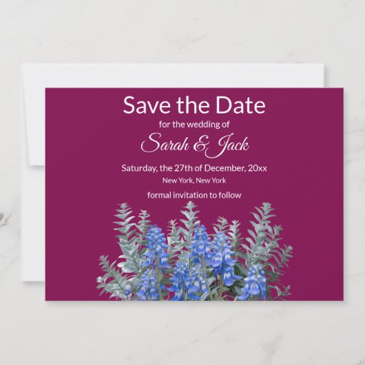 Burgund Winter Wedding mit Bluebonnet Save The Date (Vorderseite)