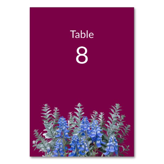 Burgund Winter Wedding mit Bluebonnet Tischnummer (Vorderseite)