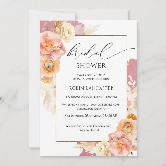 Burgundblüte, Pfirsichblüte Brautparty /Brunch Einladung (Vorderseite)