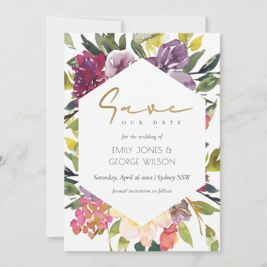 BURGUNDDY LILA PINK LIME GREEN FLORAL SAVE THE DATE (Vorderseite)