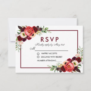 Burgunder Aquarell Blumen Boho Hochzeit RSVP Karte