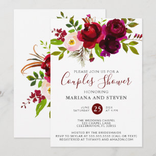 Burgunder-Aquarell-Blumen-Hochzeitspaare-Sprudelpa Einladung