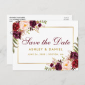 Burgunder-Aquarell-Gold Save the Date Ankündigungspostkarte (Vorne/Hinten)