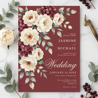 Burgunder-Aquarell-Pfingstrose Moody Winterhochzei Einladung