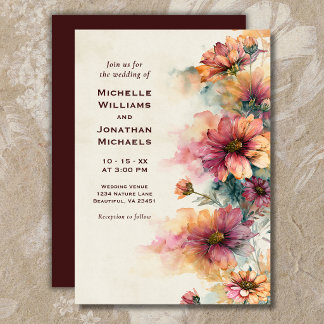 Burgunder Aquarell Wildblumen Blumenhochzeit Einladung