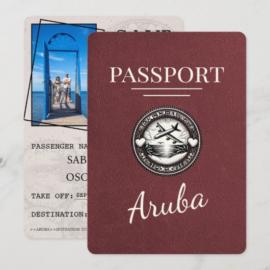 Burgunder Aruba Reisepass Save The Date (Vorne/Hinten)