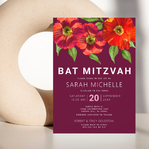 Burgunder Bat Mitzvah Aquarell Floral Modern Einladung