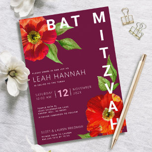 Burgunder Bat Mitzvah Floral Wasserfarbe Modern Einladung