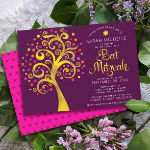 Burgunder Bat Mitzvah Modern Goldfolie Baum des Le Einladung