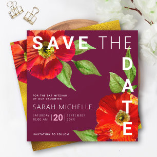 Burgunder Bat Mizwa Rot Floral Wasserfarbe Modern Save The Date