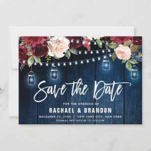 Burgunder Blau Blumen Lichterkette Mason Jar Save The Date