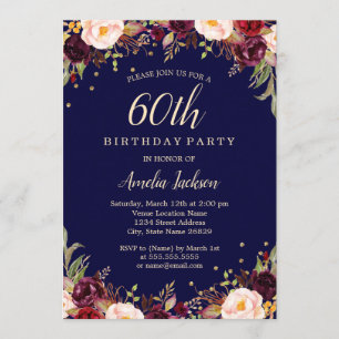 Burgunder Blau Elegante Blumenparty zum 60. Geburt Einladung