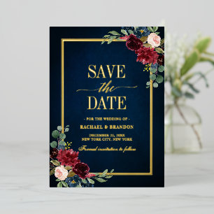 Burgunder Blau Floral Gold Rahmen Save the Date Folieneinladung