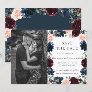 Burgunder Blau Rosa Florales Foto Save the Date Ka Einladung