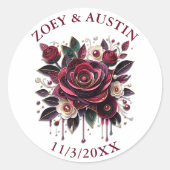 Burgunder Blume, Blätter und Perlen Personalisiert Runder Aufkleber (Vorderseite)